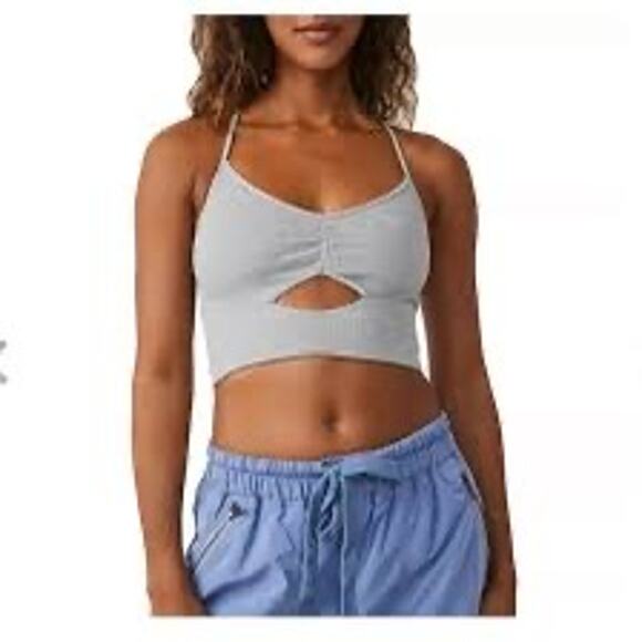 Free People Free Throw Strappy Back Cutout Ribbed Crop Top Grey M/L Athleisure - Picture 2 of 6